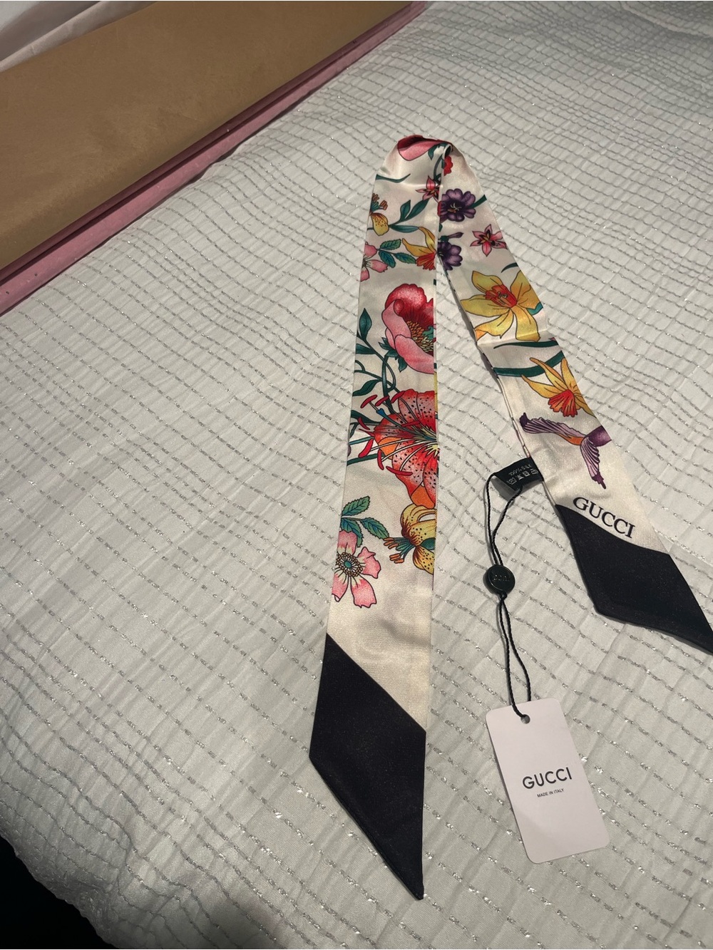 Gucci Floral Silk Skinny Scarf - Ivory with Multicolor Floral Print